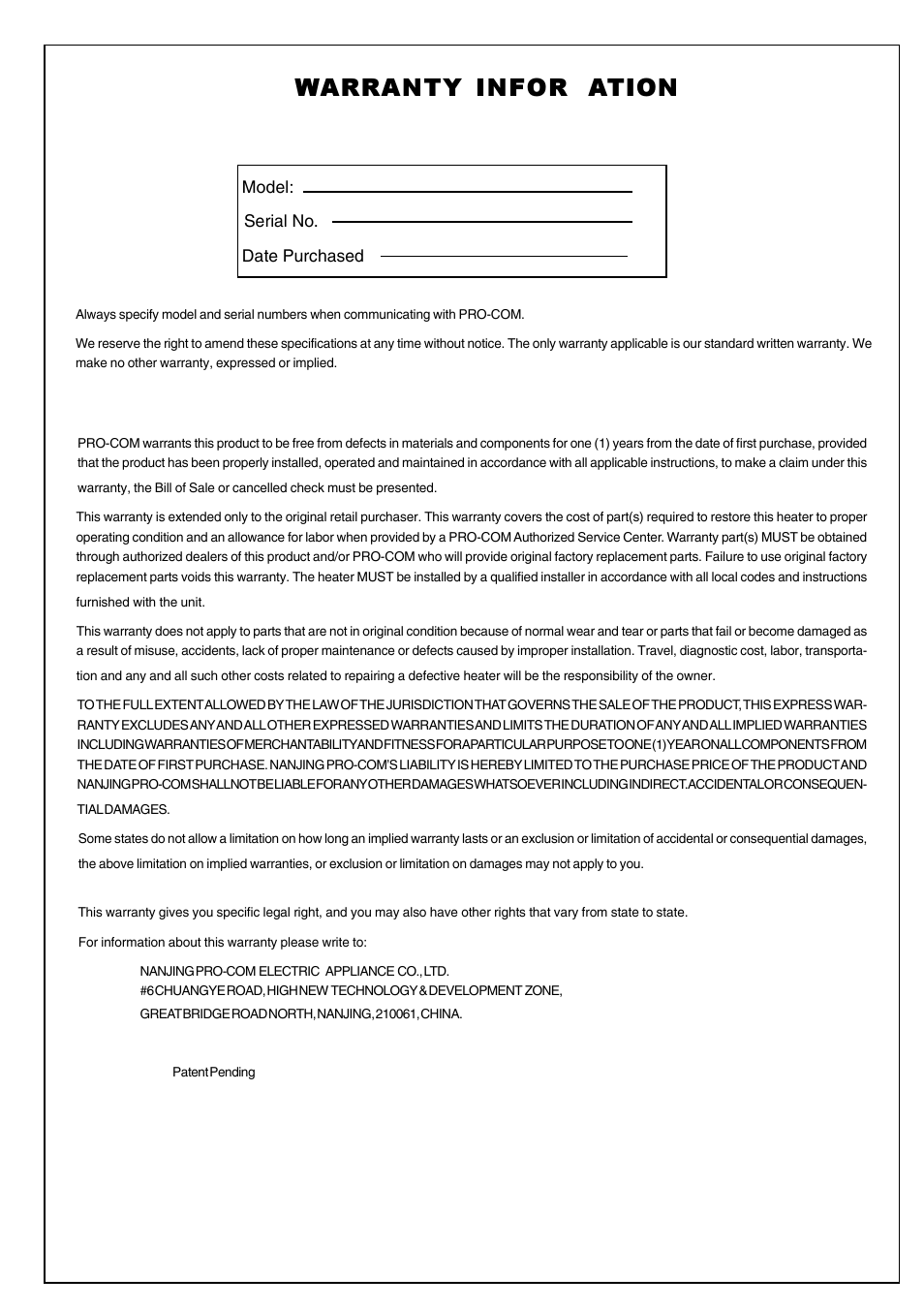 Warranty infor ation | Procom PN750HYLA User Manual | Page 13 / 13