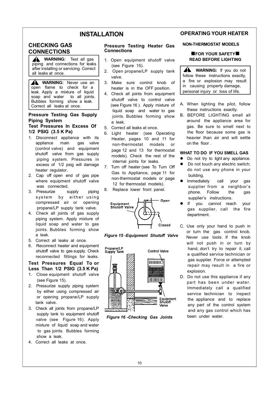 Installation, Checking gas connections | Procom ML150TPA User Manual | Page 10 / 25