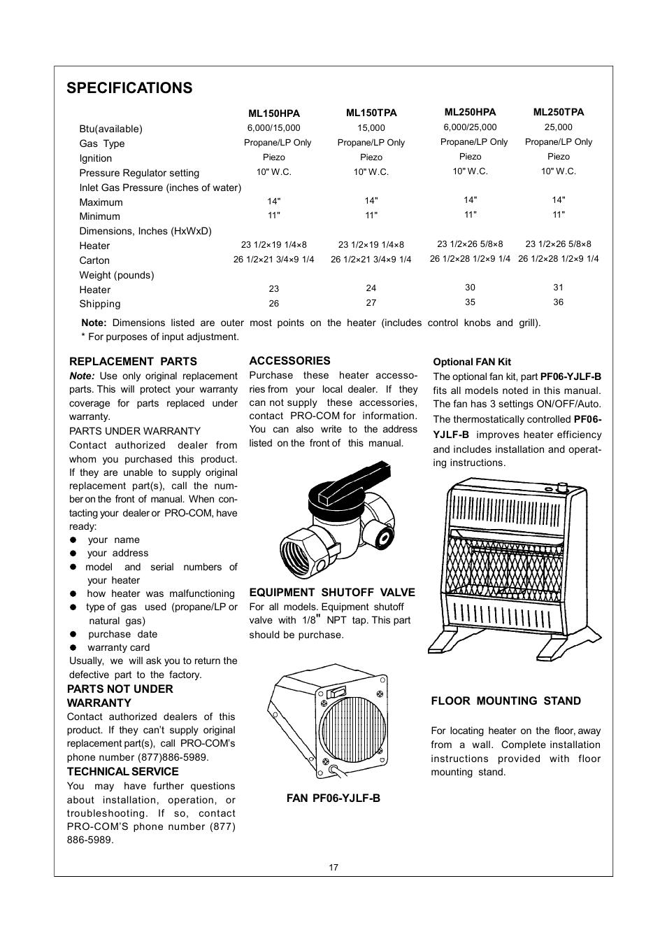 Specifications | Procom ML150TPA User Manual | Page 17 / 25