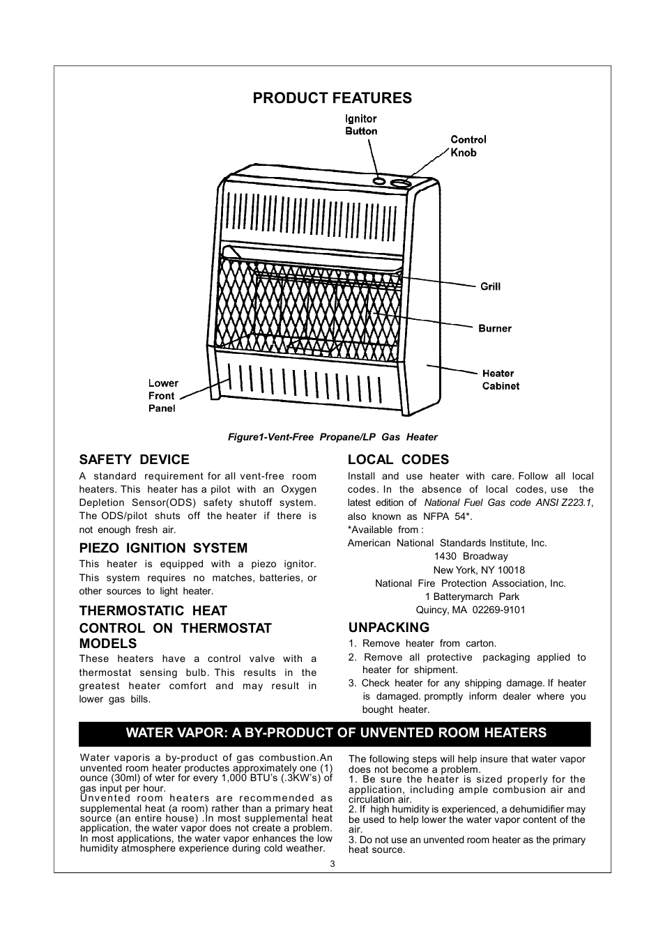 Product features, Safety device, Piezo ignition system | Thermostatic heat control on thermostat models, Local codes, Unpacking, Water vapor: a by-product of unvented room heaters | Procom ML150TPA User Manual | Page 3 / 25
