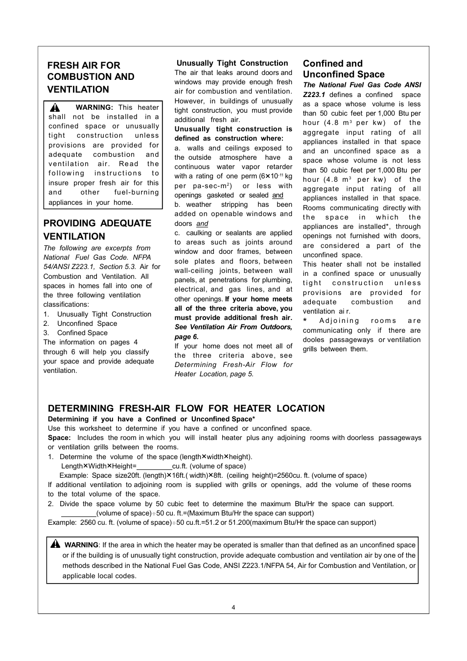 Confined and unconfined space, Determining fresh-air flow for heater location | Procom ML150TPA User Manual | Page 4 / 25