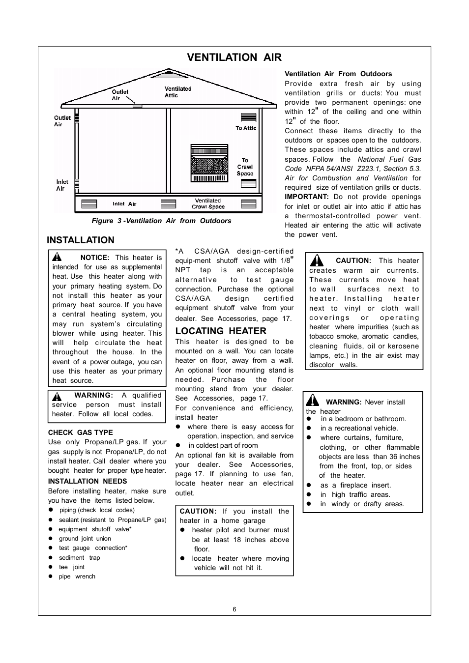 Ventilation air, Locating heater, Installation | Procom ML150TPA User Manual | Page 6 / 25