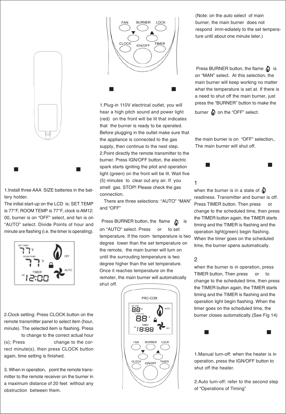 Operating heater, C.shut off the main burner, Operations of timing | Operations of turn-off, Operations of burner, Operations of remote transmitter, Continued | Procom QL300RYLA User Manual | Page 12 / 25