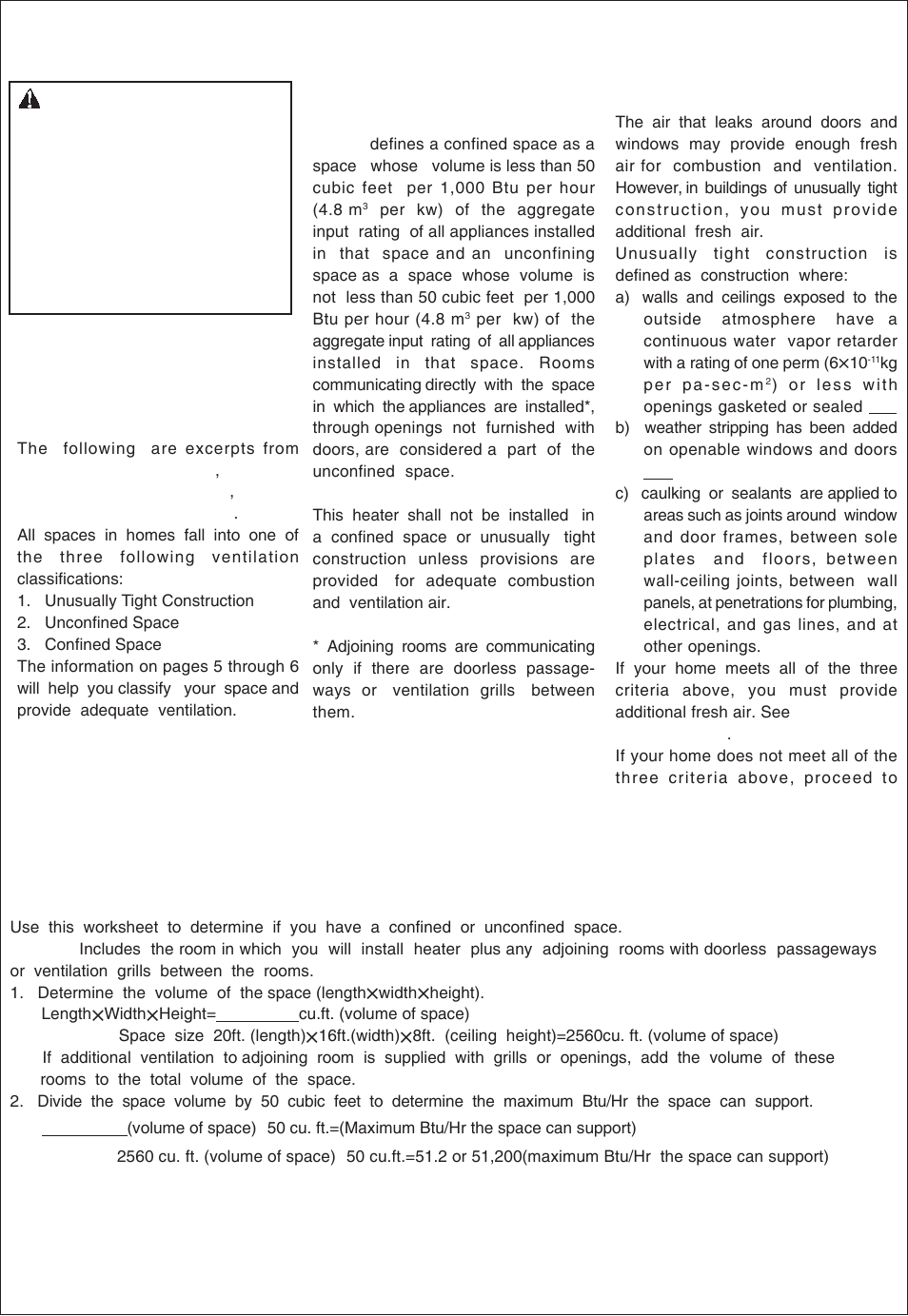 Air for combustion and ventilation, Warning, Providing adequate ventilation | Determining fresh-air flow for heater location | Procom QL300RYLA User Manual | Page 5 / 25