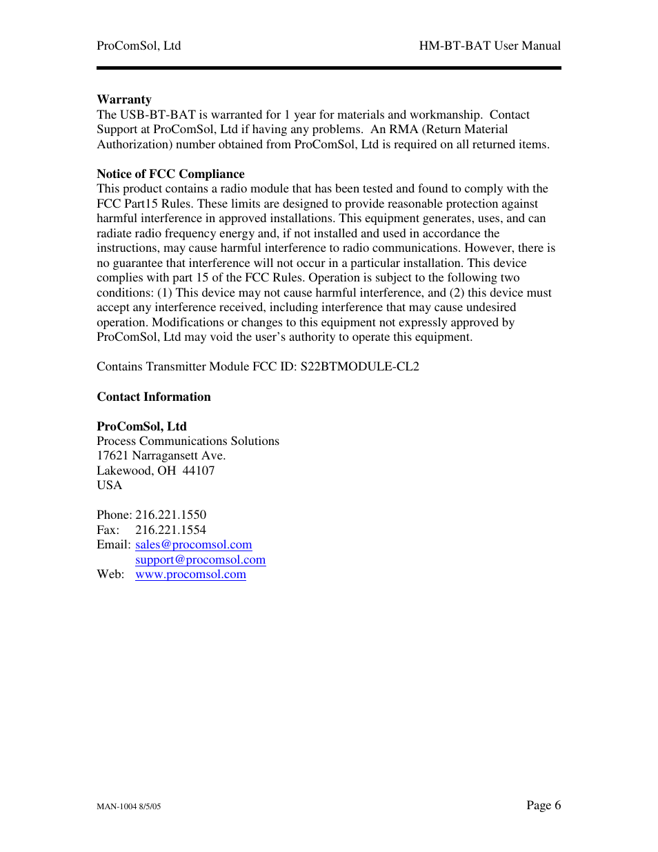 Procom HART HM-BT-BAT User Manual | Page 6 / 6