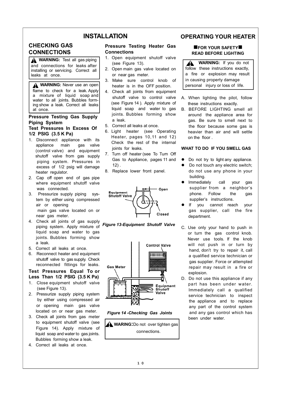 Installation, Checking gas connections, Operating your heater n | Procom MN060HPA User Manual | Page 10 / 23