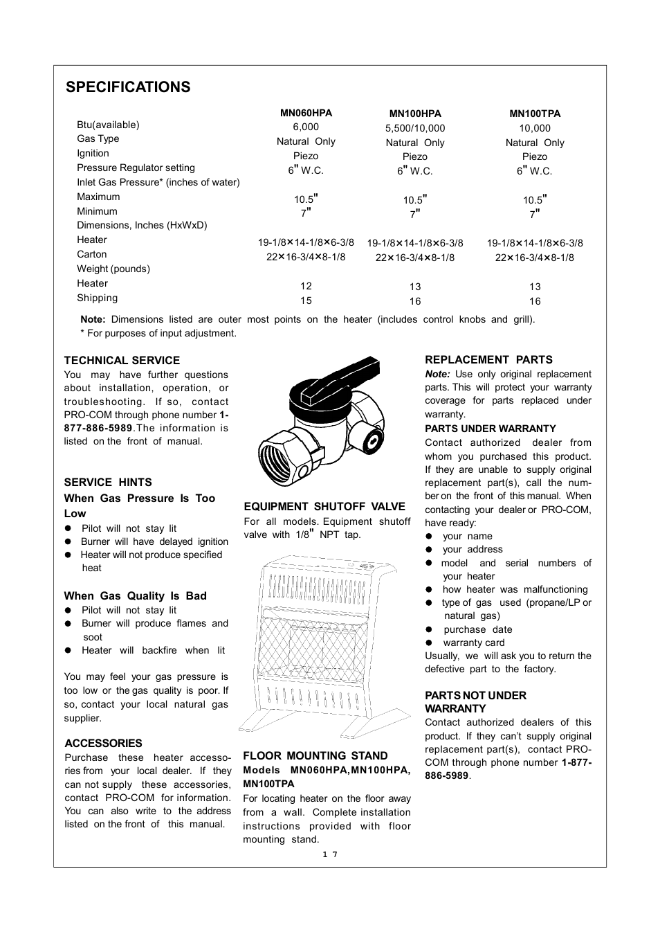 Specifications | Procom MN060HPA User Manual | Page 17 / 23