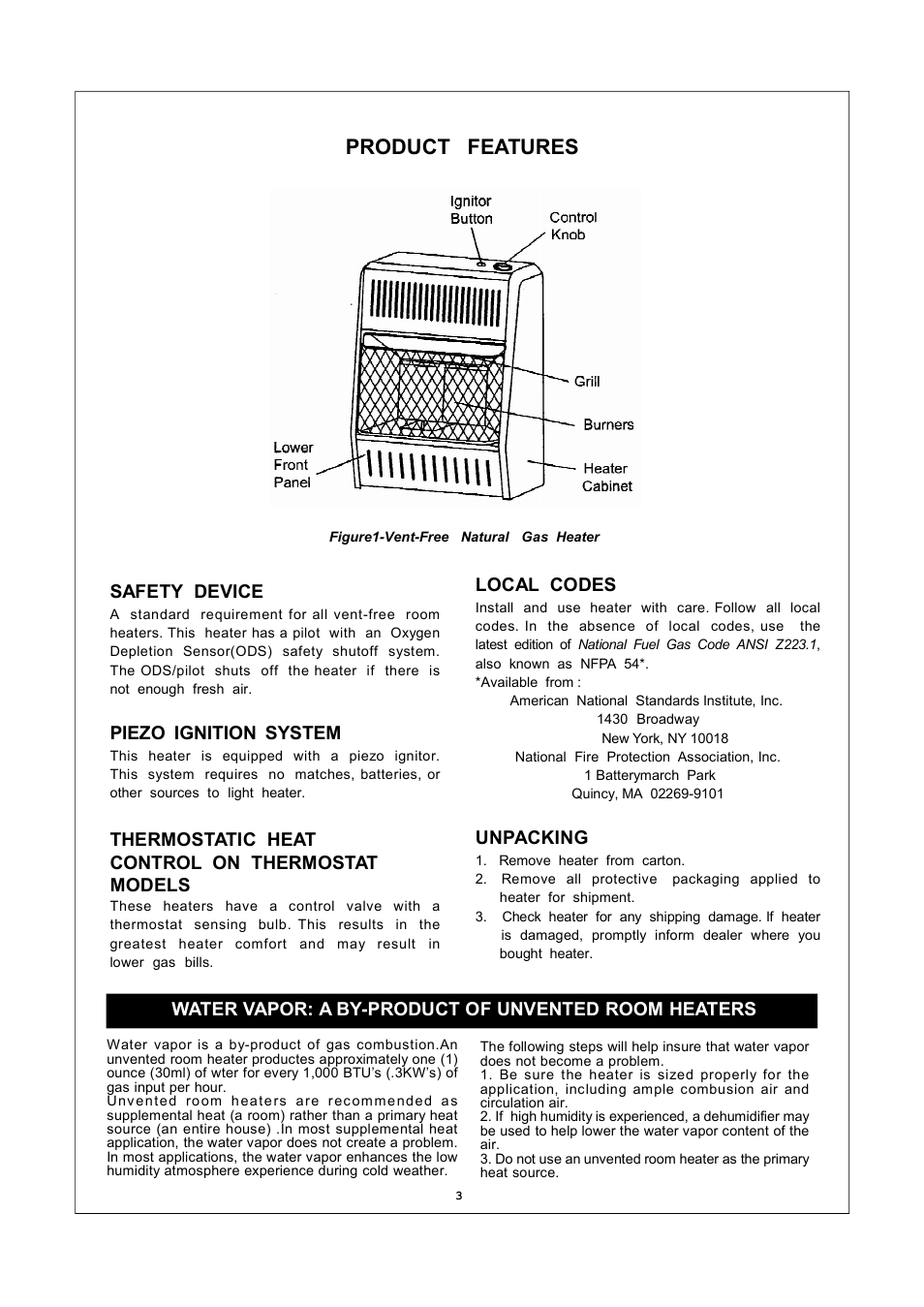 Product features, Safety device, Piezo ignition system | Thermostatic heat control on thermostat models, Local codes, Unpacking, Water vapor: a by-product of unvented room heaters | Procom MN060HPA User Manual | Page 3 / 23