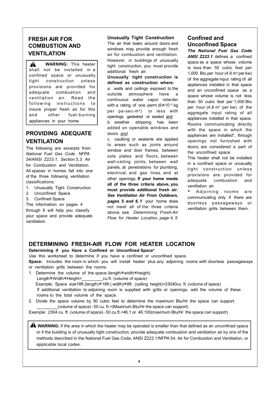 Confined and unconfined space, Determining fresh-air flow for heater location | Procom MN060HPA User Manual | Page 4 / 23