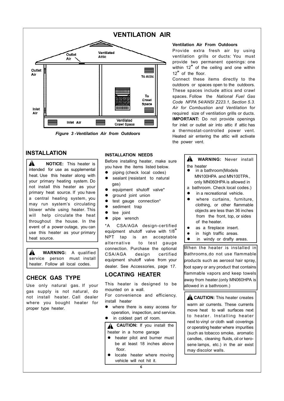 Ventilation air, Check gas type, Locating heater | Installation | Procom MN060HPA User Manual | Page 6 / 23