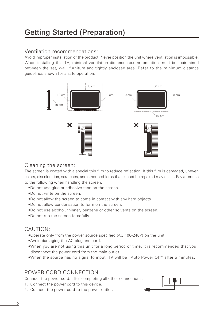 Getting started (preparation), Ventilation recommendations, Cleaning the screen | Caution, Power cord connection | Proton CS-32 User Manual | Page 11 / 63