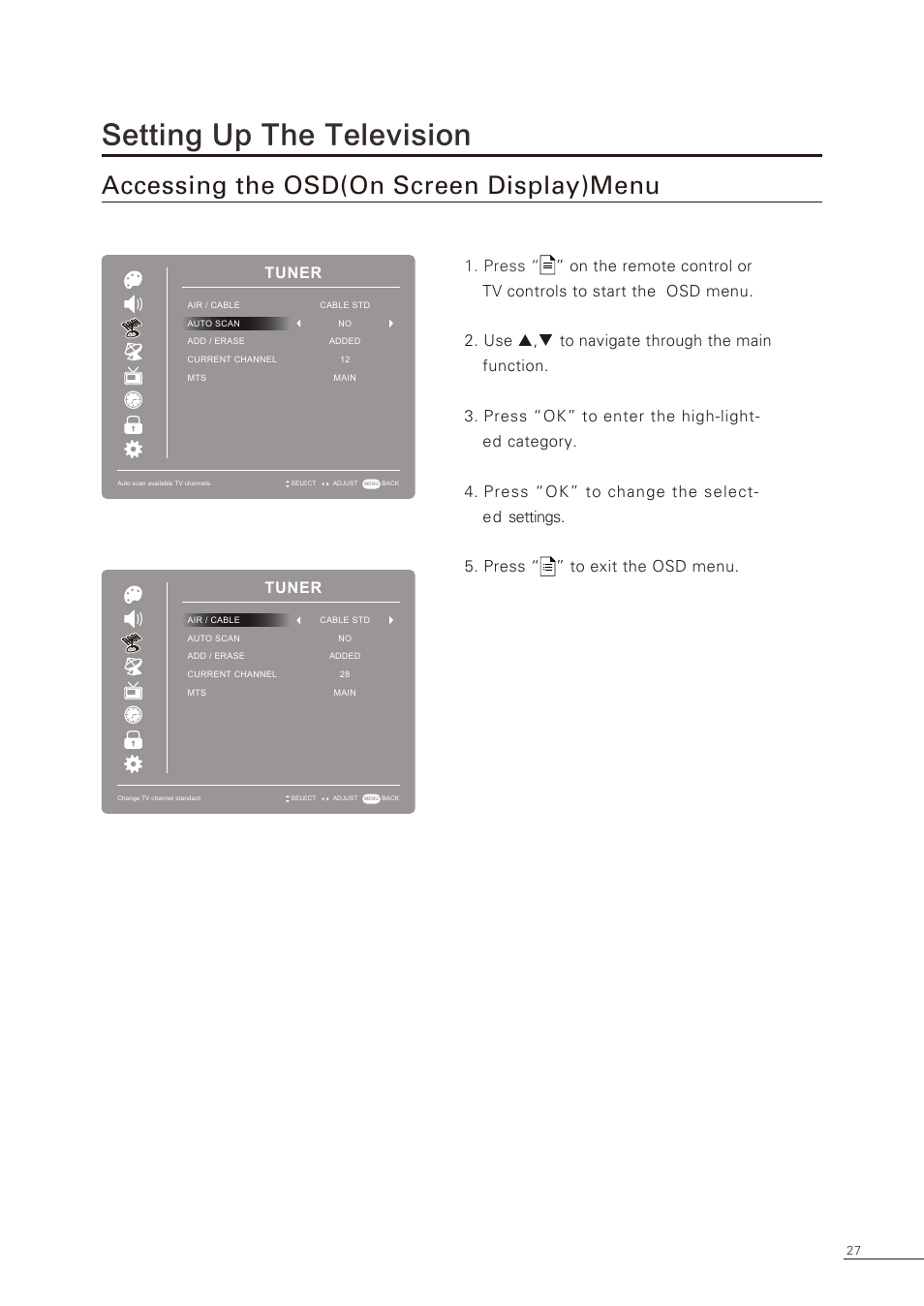 Setting up the television, Accessing the osd(on screen display)menu, Tuner | Proton CS-32 User Manual | Page 28 / 63