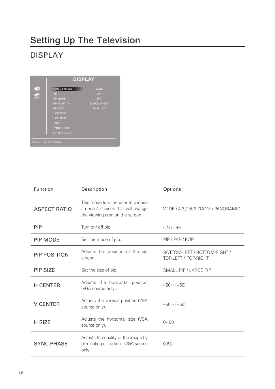 Setting up the television, Display | Proton CS-32 User Manual | Page 39 / 63