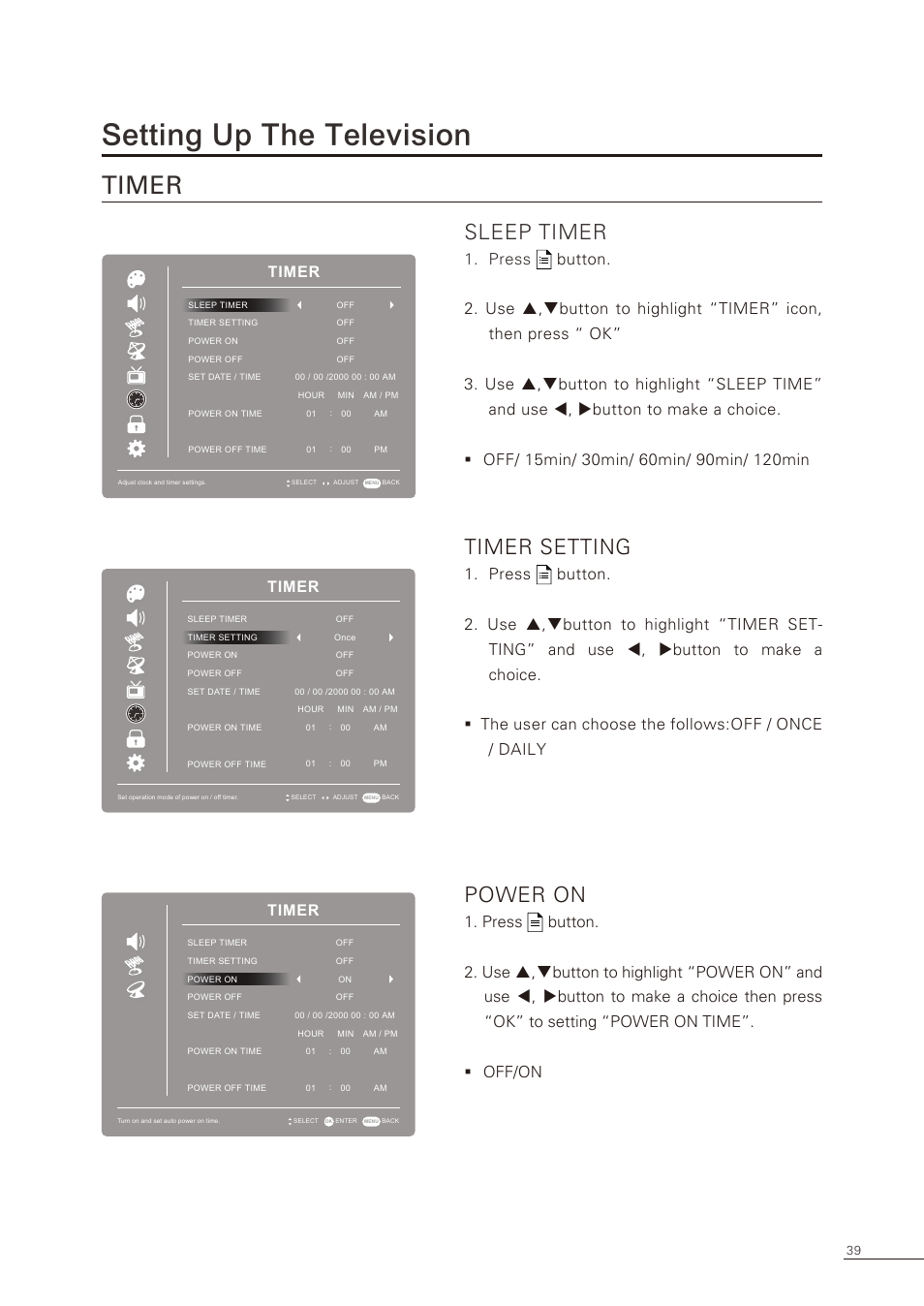 Setting up the television, Timer, Sleep timer | Timer setting, Power on | Proton CS-32 User Manual | Page 40 / 63