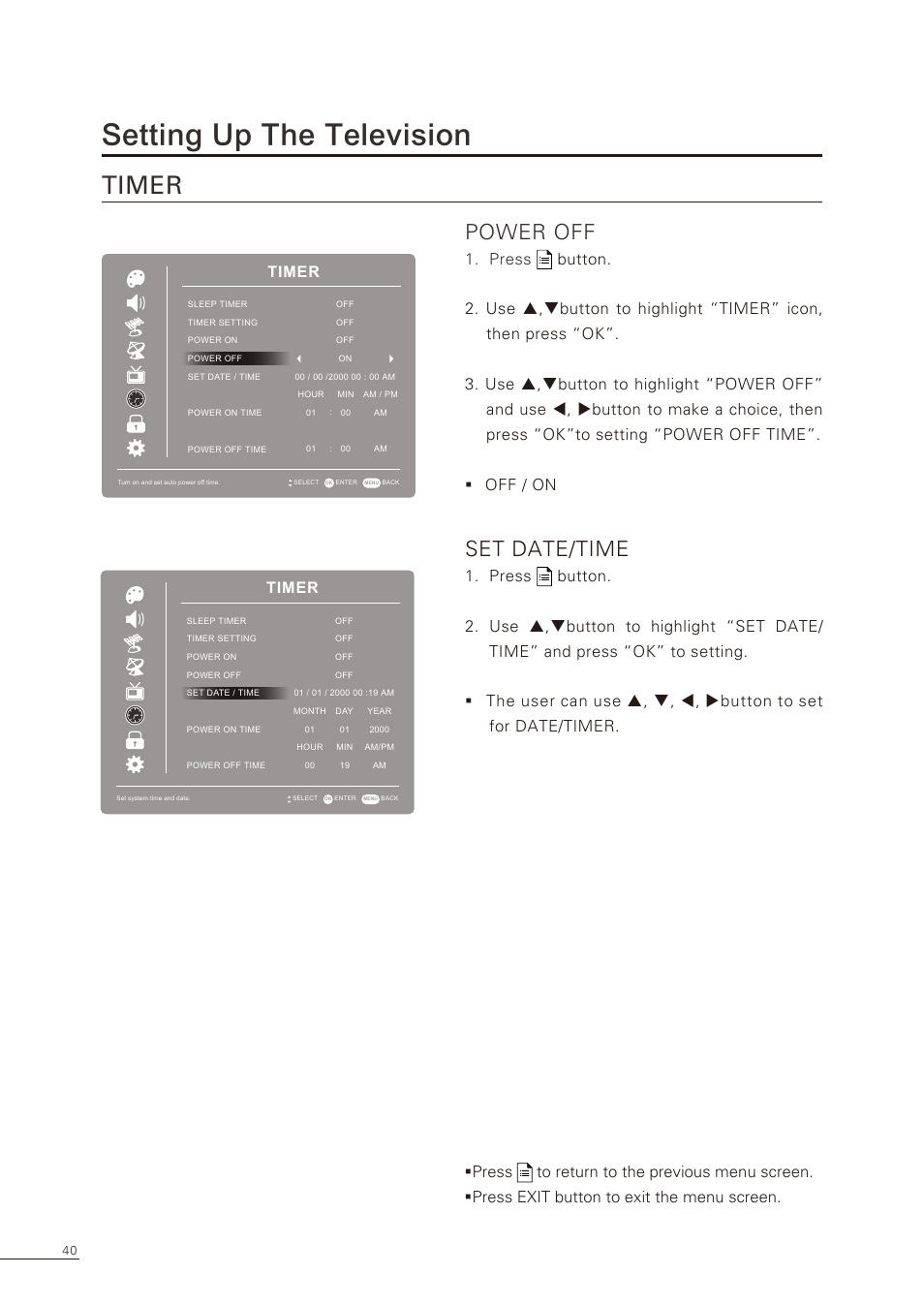 Setting up the television, Timer, Power off | Set date/time | Proton CS-32 User Manual | Page 41 / 63