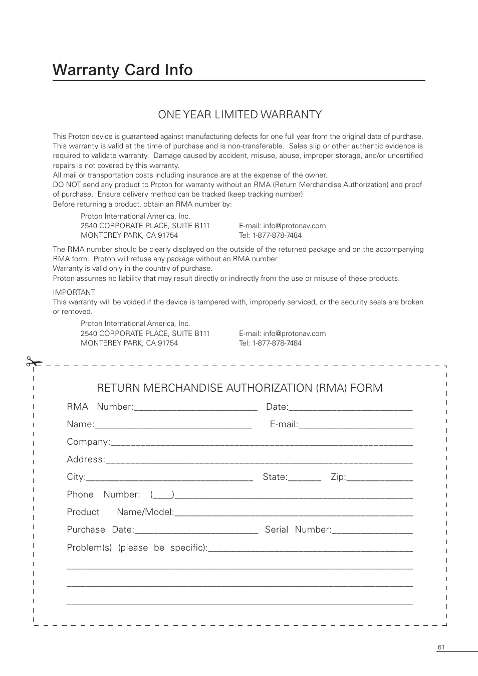 Warranty card info, One year limited warranty, Return merchandise authorization (rma) form | Proton CS-32 User Manual | Page 62 / 63