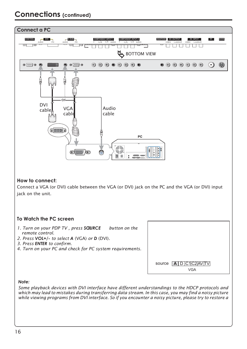 Connections, Connect a pc how to connect, Continued) | Dvi cable audio cable, Vga cable, Bottom view a d c1 c2 tv av, Source | Primate Systems PDP TV User Manual | Page 19 / 47