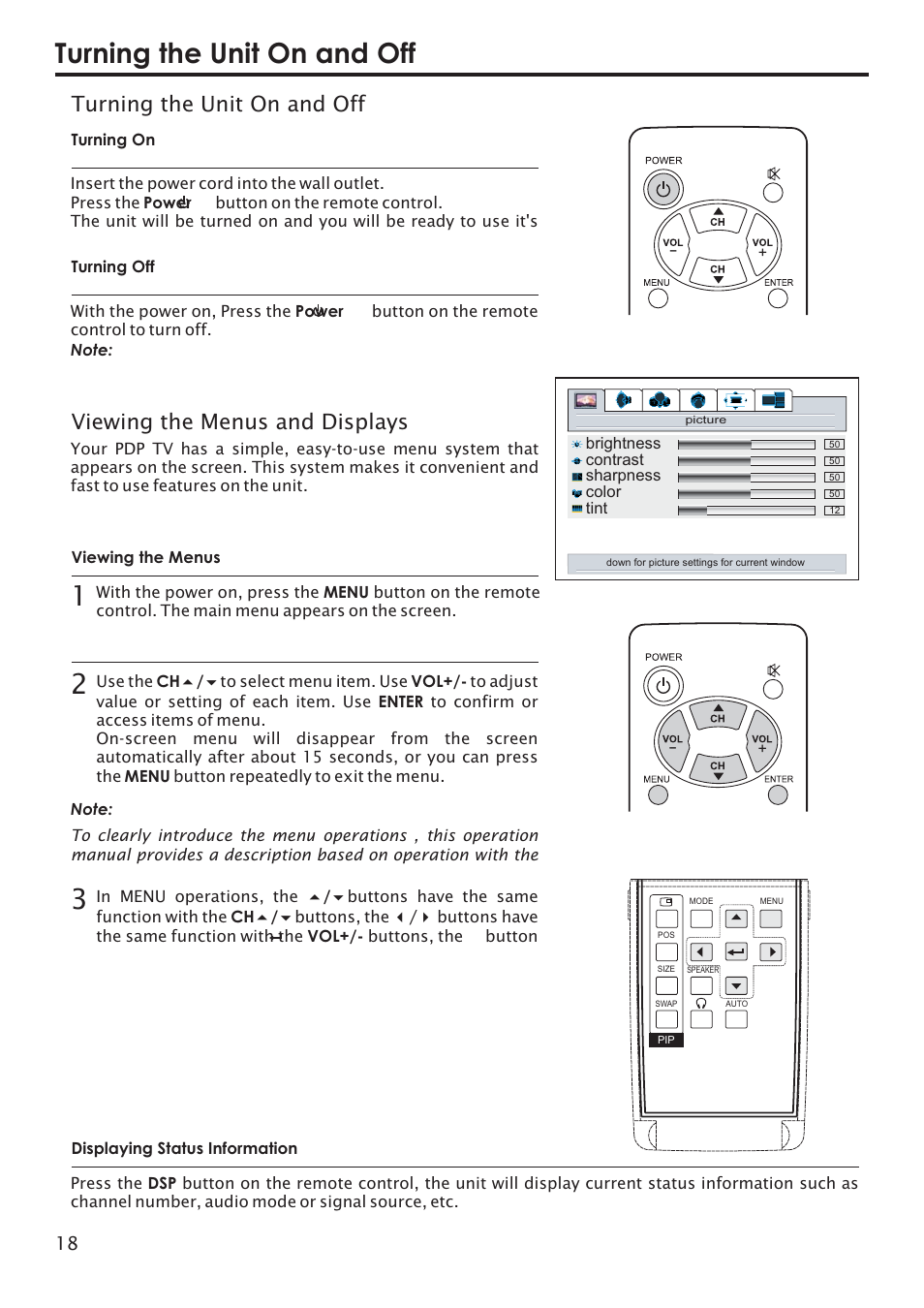 Turning the unit on and off, Viewing the menus and displays | Primate Systems PDP TV User Manual | Page 21 / 47