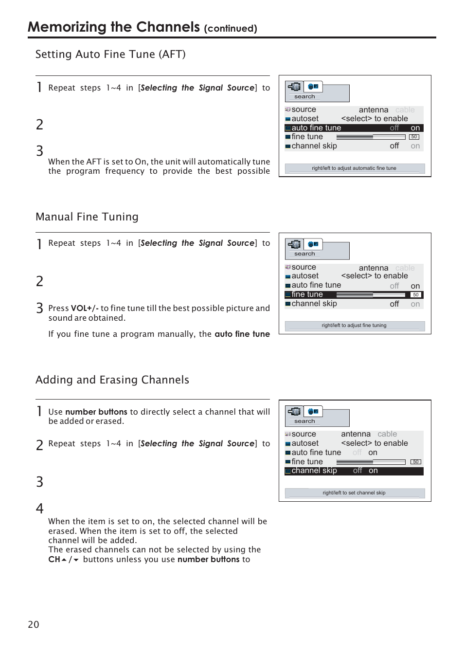 Setting auto fine tune (aft), Manual fine tuning, Adding and erasing channels | Primate Systems PDP TV User Manual | Page 23 / 47