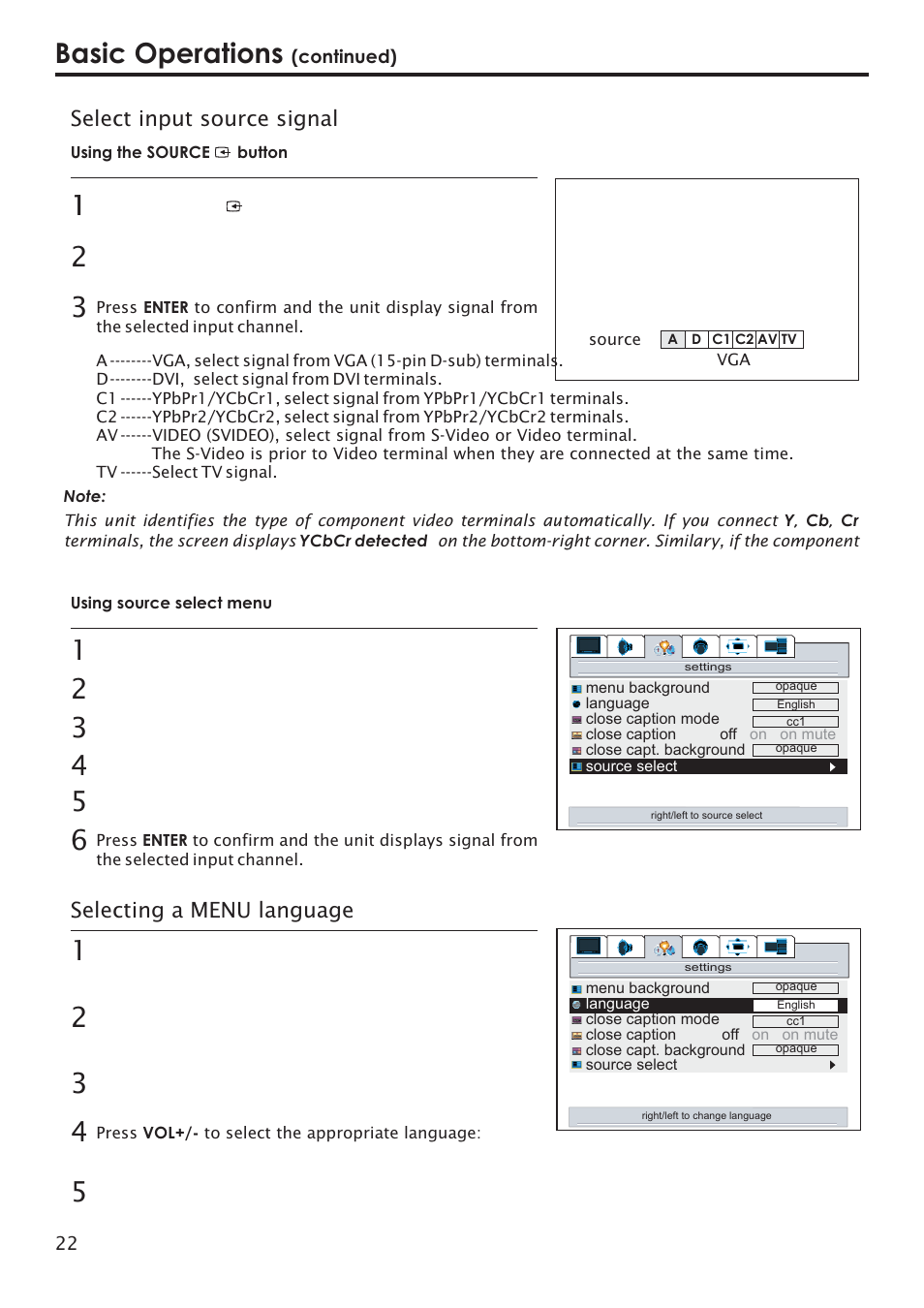 Basic operations, Selecting a menu language, Select input source signal | Primate Systems PDP TV User Manual | Page 25 / 47