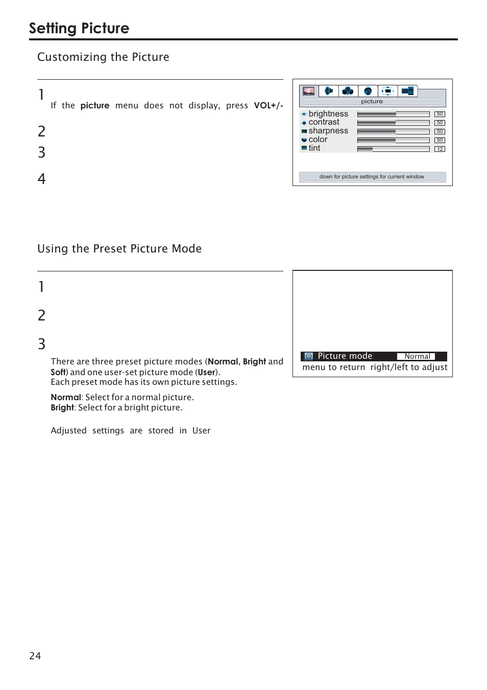 Setting picture, Customizing the picture, Using the preset picture mode | Primate Systems PDP TV User Manual | Page 27 / 47