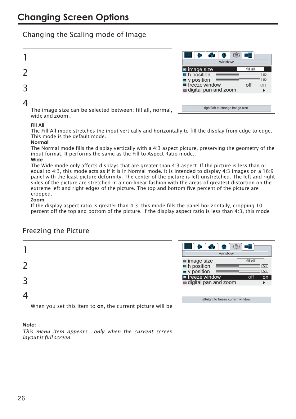 Changing screen options, Changing the scaling mode of image, Freezing the picture | Primate Systems PDP TV User Manual | Page 29 / 47