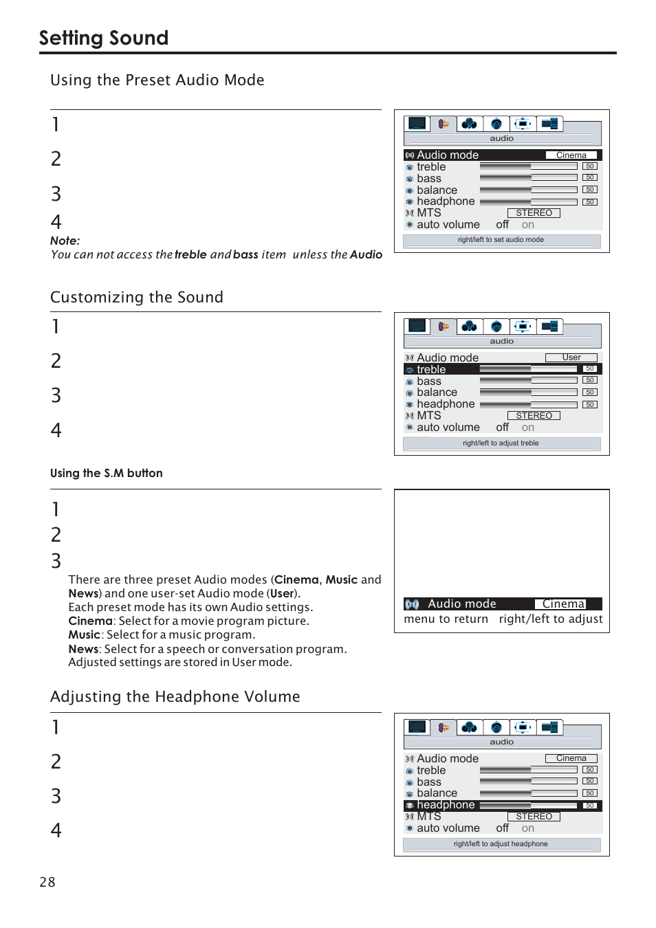 Setting sound, Customizing the sound, Adjusting the headphone volume | Using the preset audio mode | Primate Systems PDP TV User Manual | Page 31 / 47