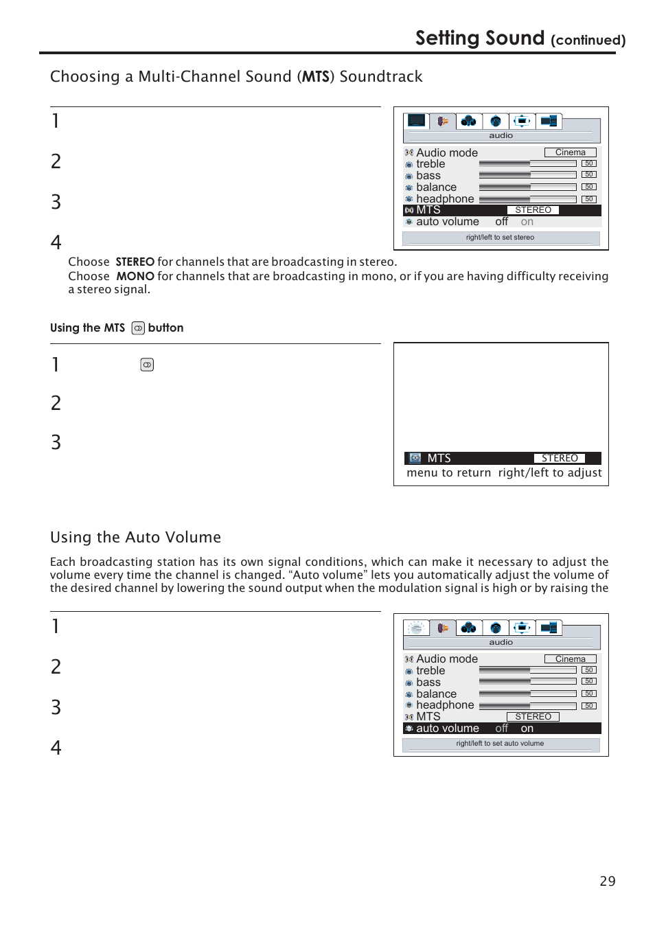 Setting sound, Choosing a multi-channel sound ( ) soundtrack mts, Using the auto volume | Primate Systems PDP TV User Manual | Page 32 / 47