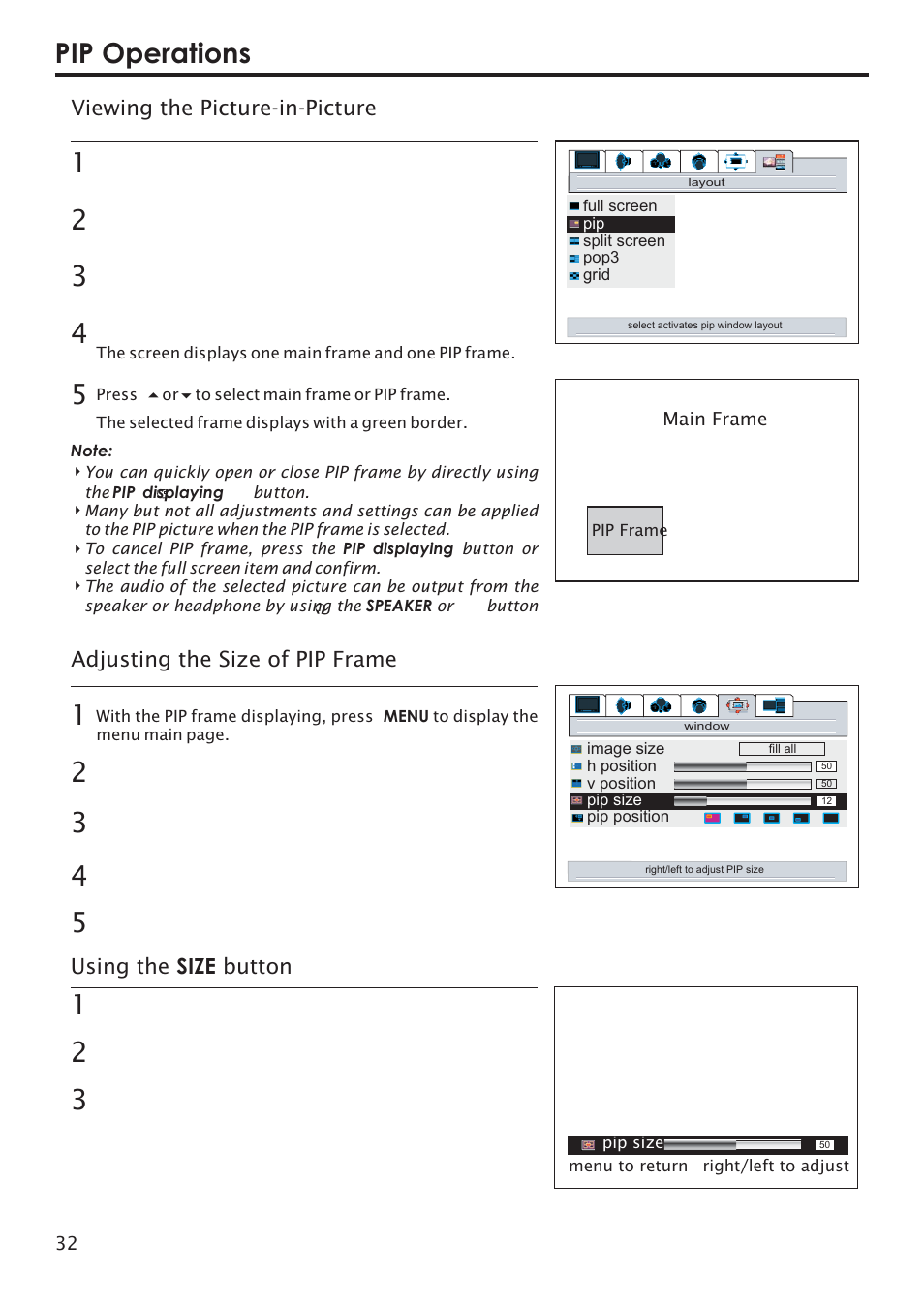 Pip operations, Viewing the picture-in-picture, Adjusting the size of pip frame | Using the button size | Primate Systems PDP TV User Manual | Page 35 / 47