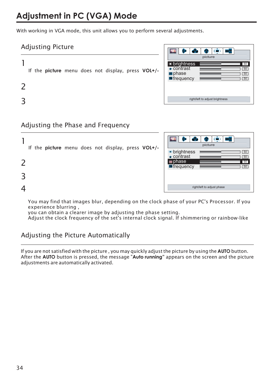 Adjustment in pc (vga) mode, Adjusting picture, Adjusting the phase and frequency | Adjusting the picture automatically | Primate Systems PDP TV User Manual | Page 37 / 47