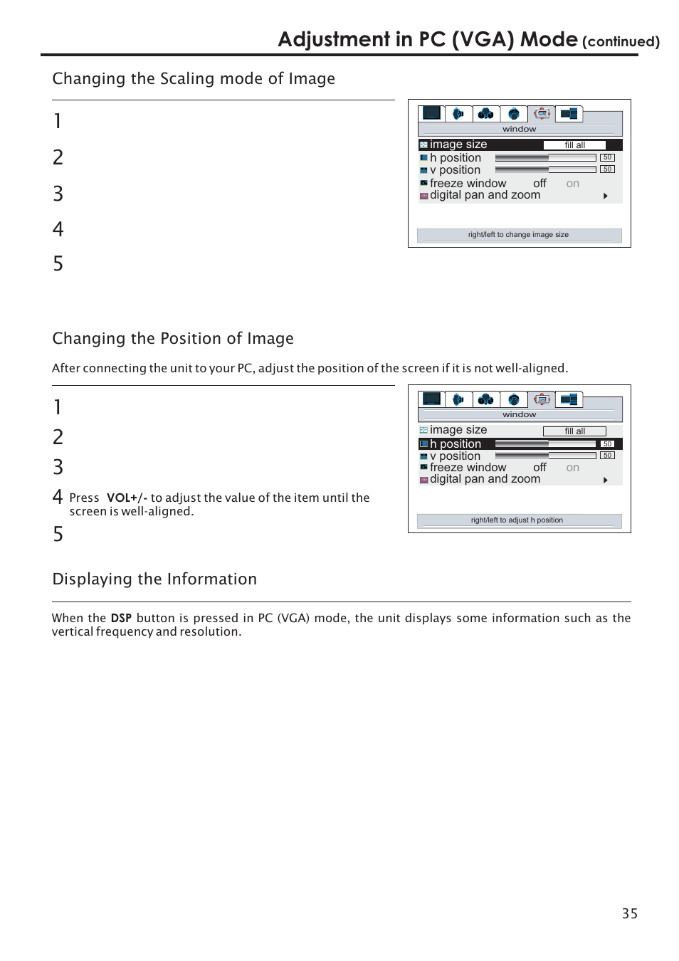 Adjustment in pc (vga) mode, Changing the scaling mode of image, Changing the position of image | Displaying the information | Primate Systems PDP TV User Manual | Page 38 / 47