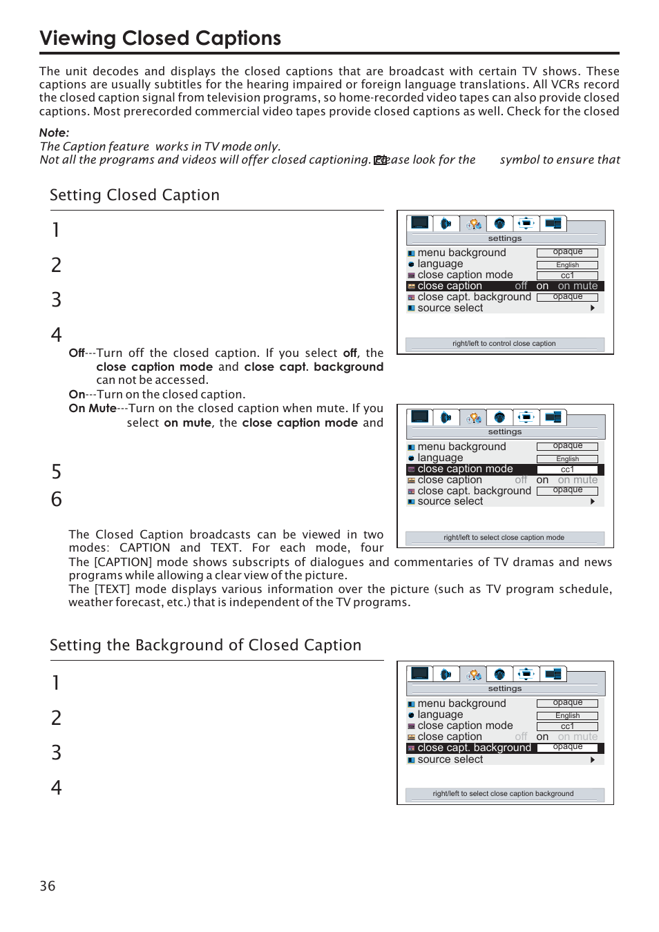 Viewing closed captions, Setting closed caption, Setting the background of closed caption | Primate Systems PDP TV User Manual | Page 39 / 47