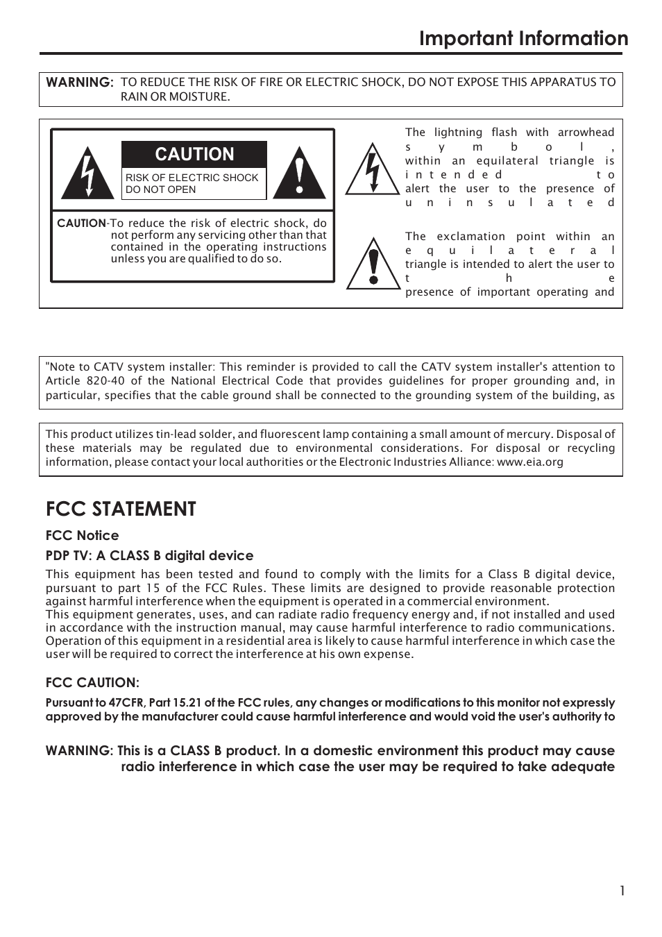 Important information, Fcc statement, Caution | Primate Systems PDP TV User Manual | Page 4 / 47