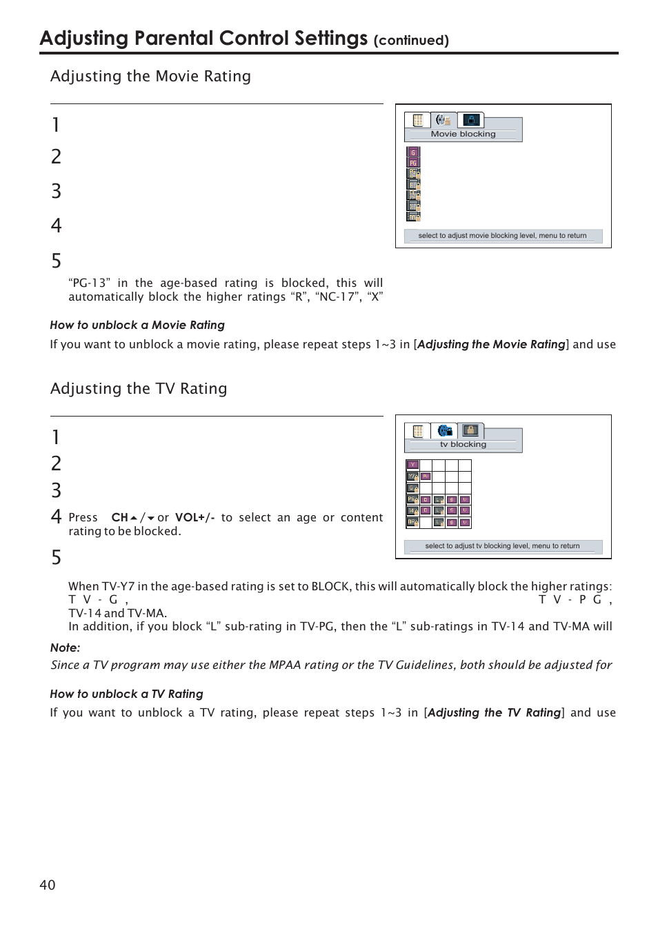 Adjusting parental control settings | Primate Systems PDP TV User Manual | Page 43 / 47
