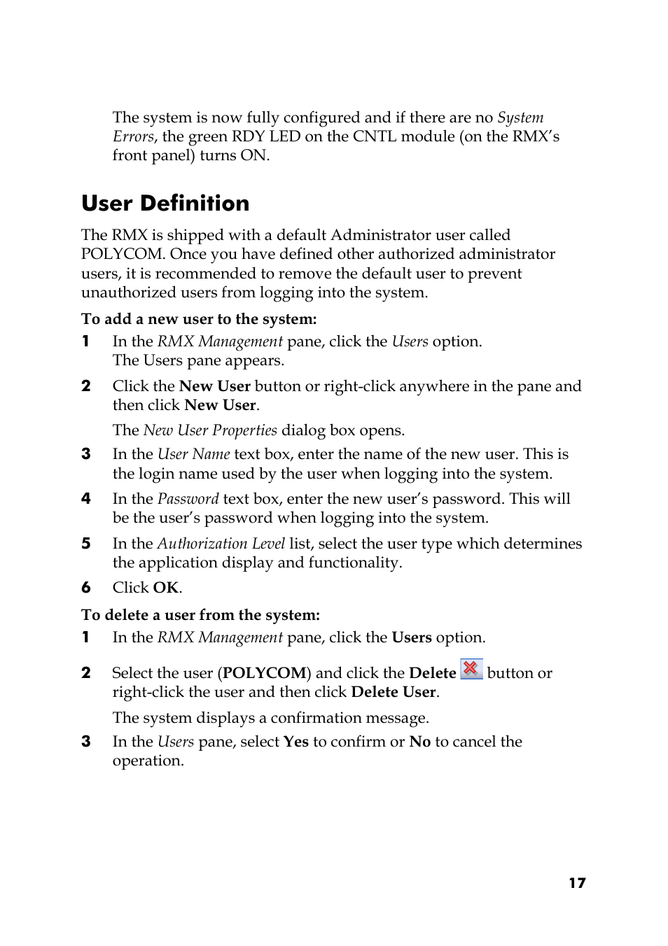 User definition, To add a new user to the system, 6 click ok | To delete a user from the system | Polycom DOC2564A User Manual | Page 17 / 20