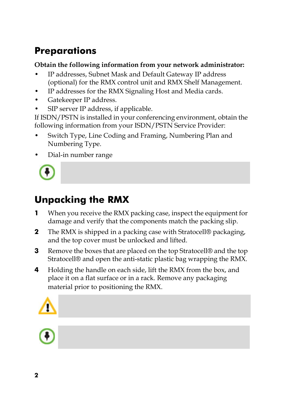 Preparations, Unpacking the rmx | Polycom DOC2564A User Manual | Page 2 / 20