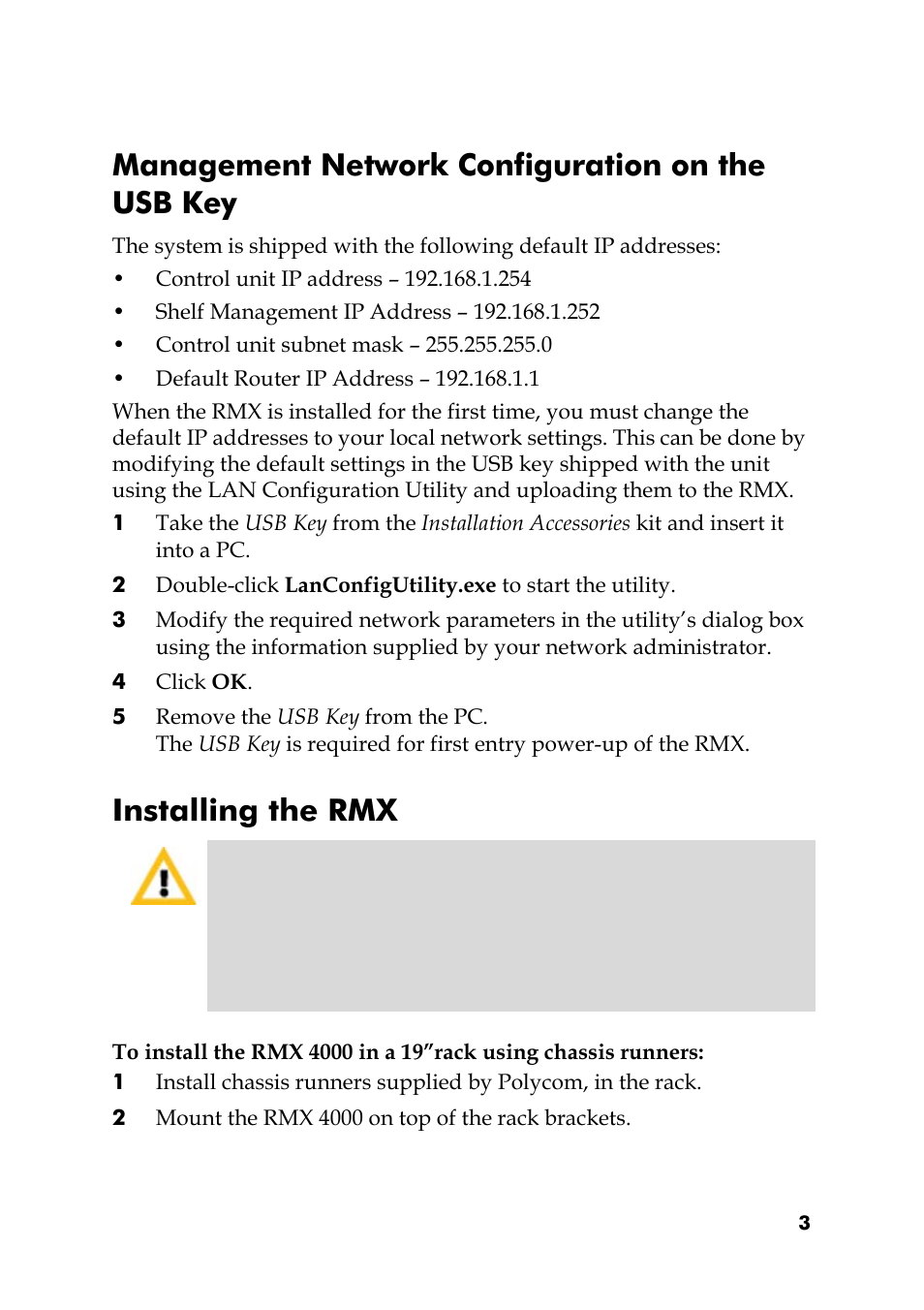 Management network configuration on the usb key, 4 click ok, Installing the rmx | 2 mount the rmx 4000 on top of the rack brackets | Polycom DOC2564A User Manual | Page 3 / 20