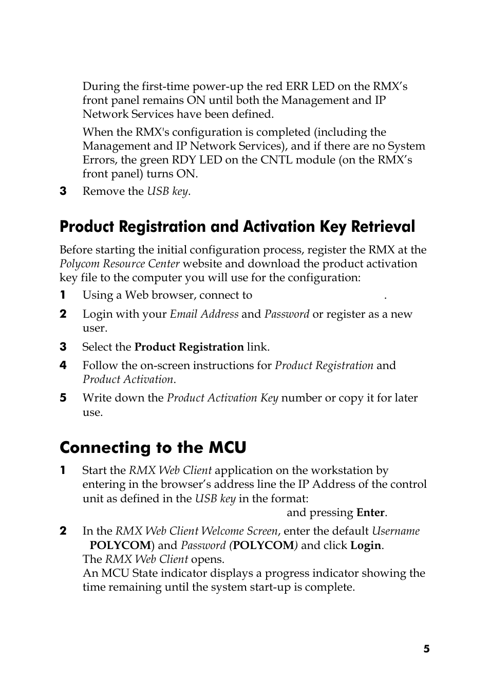 3 remove the usb key, Product registration and activation key retrieval, 3 select the product registration link | Connecting to the mcu | Polycom DOC2564A User Manual | Page 5 / 20