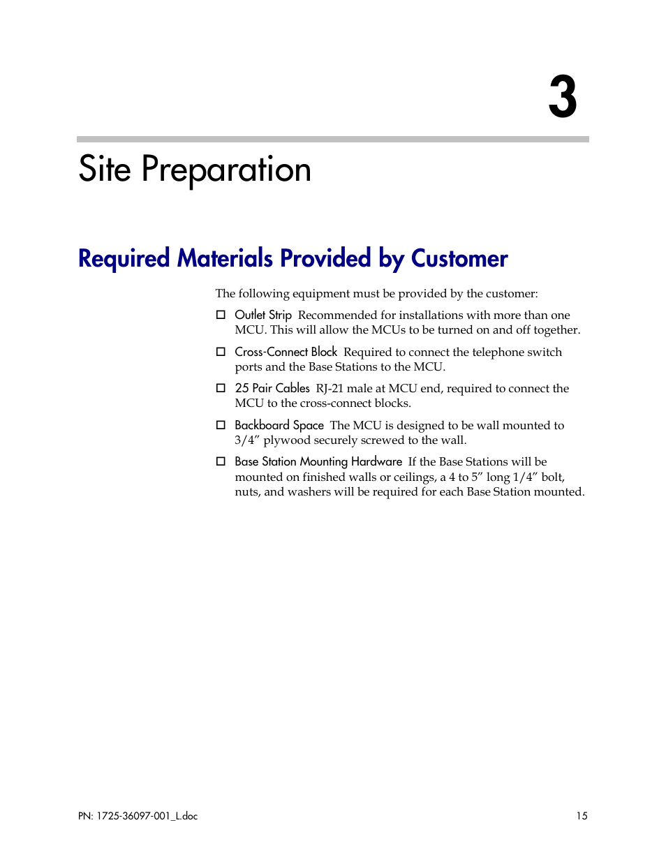 Site preparation, Required materials provided by customer | Polycom SpectraLink SCM408 User Manual | Page 15 / 64