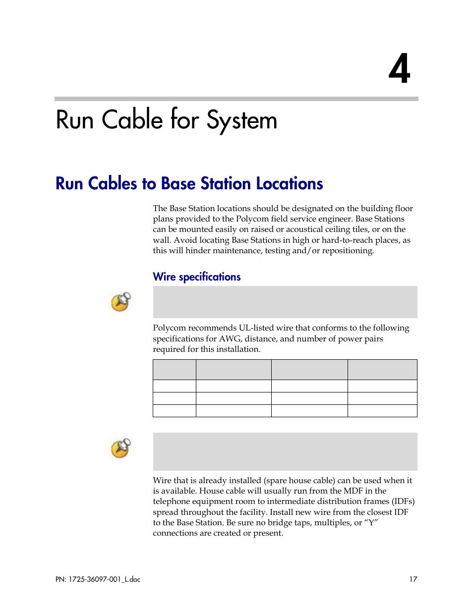 Run cable for system, Run cables to base station locations, Wire specifications | Polycom SpectraLink SCM408 User Manual | Page 17 / 64