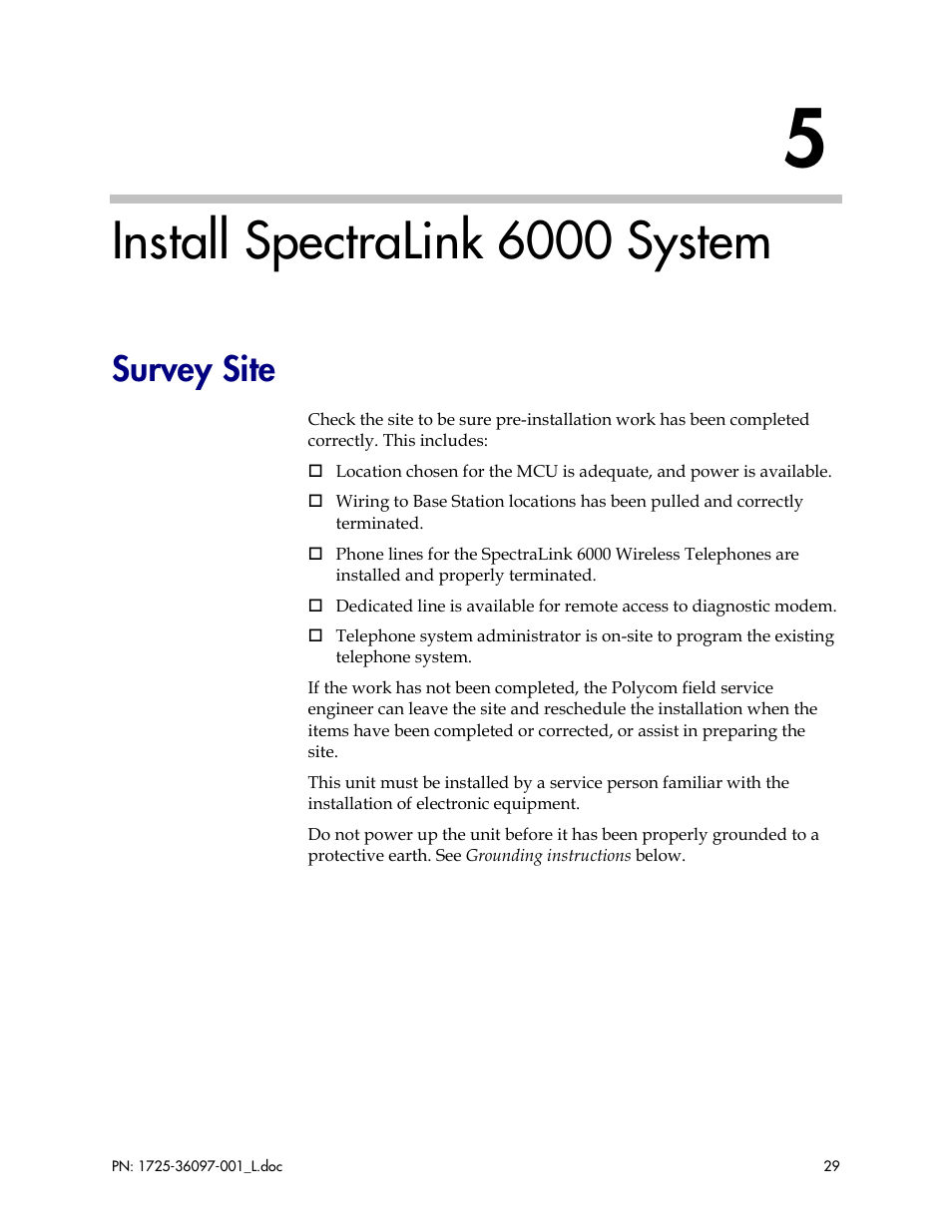 Install spectralink 6000 system, Survey site | Polycom SpectraLink SCM408 User Manual | Page 29 / 64