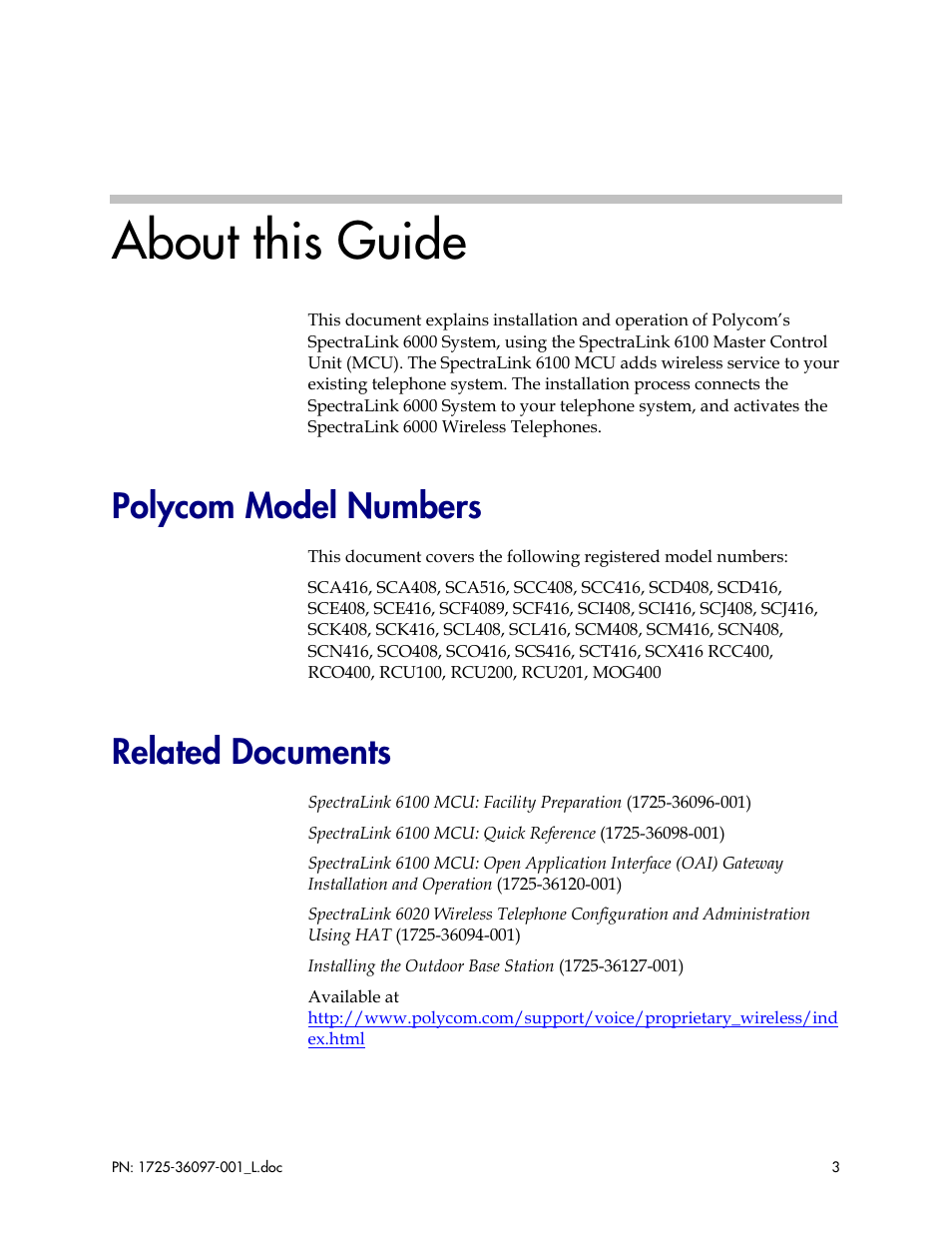 About this guide, Polycom model numbers, Related documents | Polycom SpectraLink SCM408 User Manual | Page 3 / 64