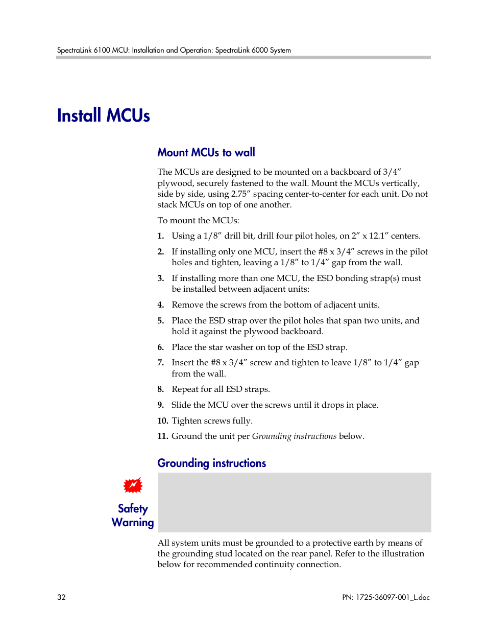 Install mcus, Mount mcus to wall, Grounding instructions | Polycom SpectraLink SCM408 User Manual | Page 32 / 64