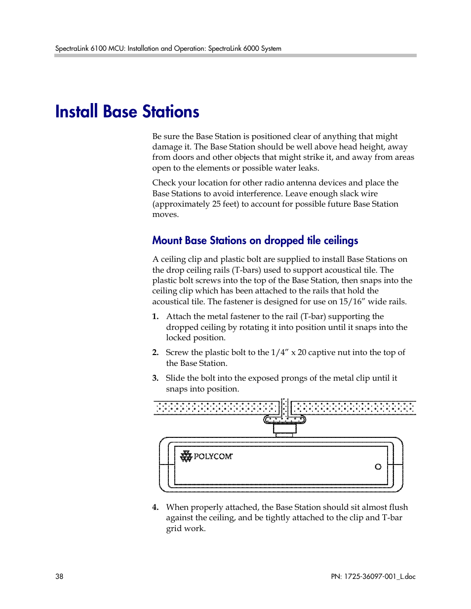 Install base stations, Mount base stations on dropped tile ceilings | Polycom SpectraLink SCM408 User Manual | Page 38 / 64