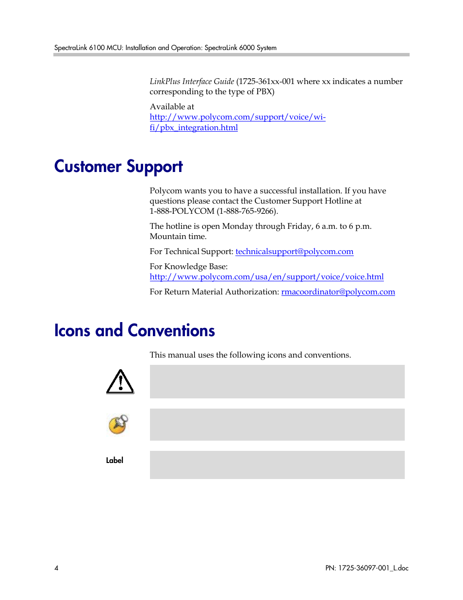 Customer support, Icons and conventions | Polycom SpectraLink SCM408 User Manual | Page 4 / 64