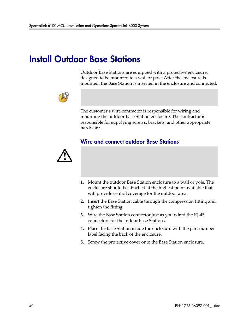 Install outdoor base stations, Wire and connect outdoor base stations | Polycom SpectraLink SCM408 User Manual | Page 40 / 64