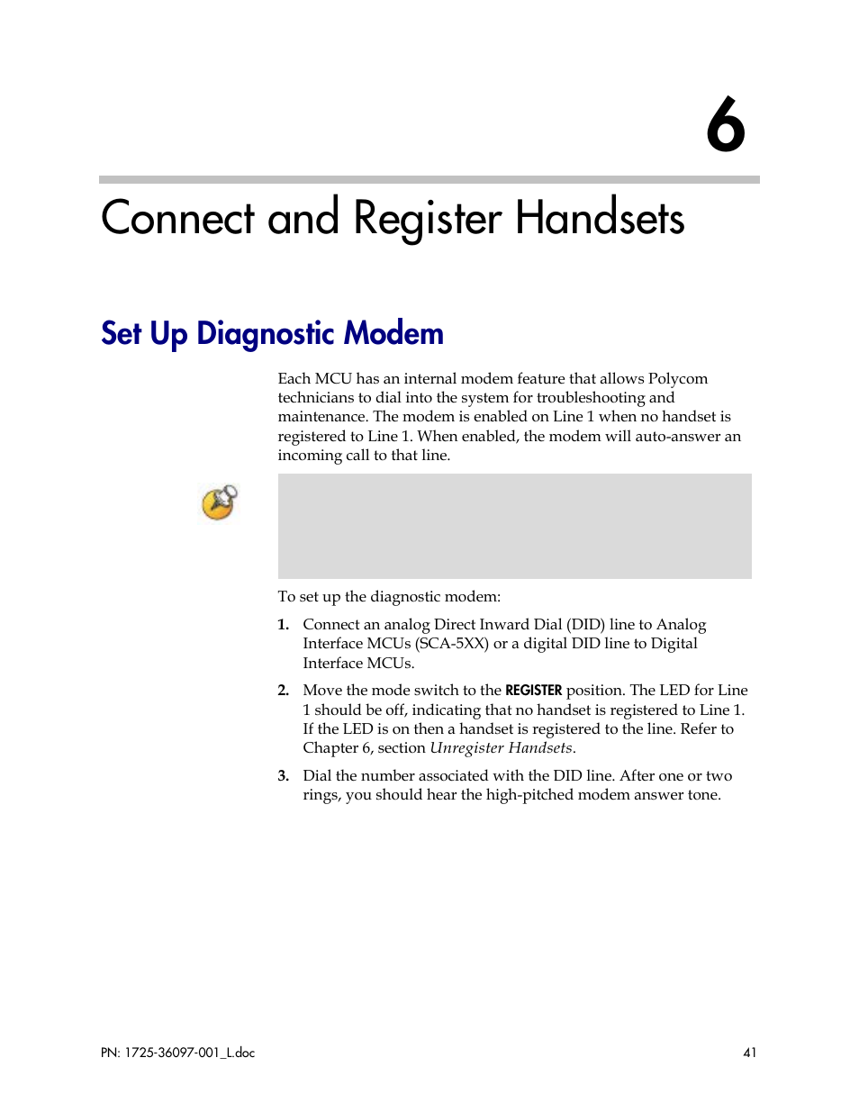 Connect and register handsets, Set up diagnostic modem | Polycom SpectraLink SCM408 User Manual | Page 41 / 64