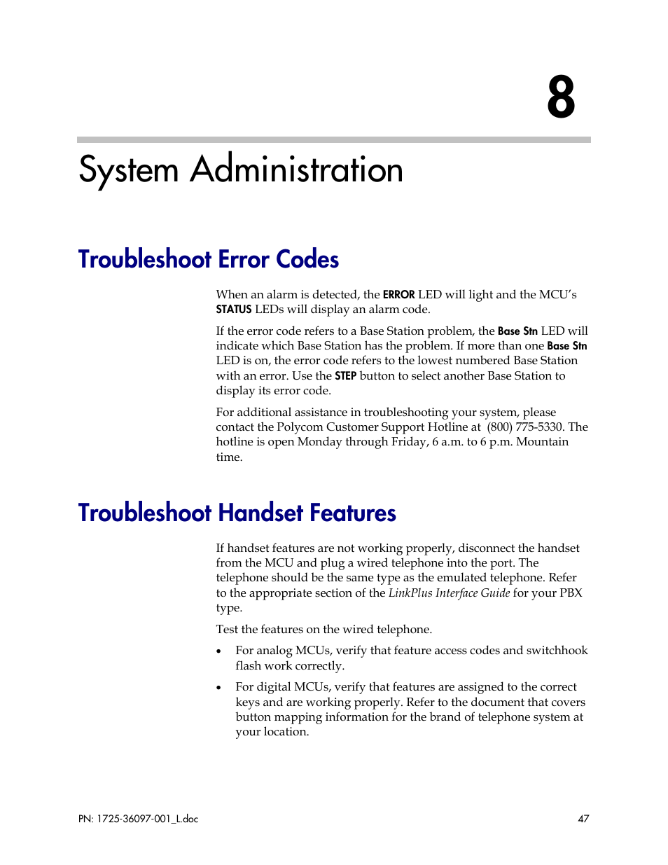 System administration, Troubleshoot error codes, Troubleshoot handset features | Polycom SpectraLink SCM408 User Manual | Page 47 / 64