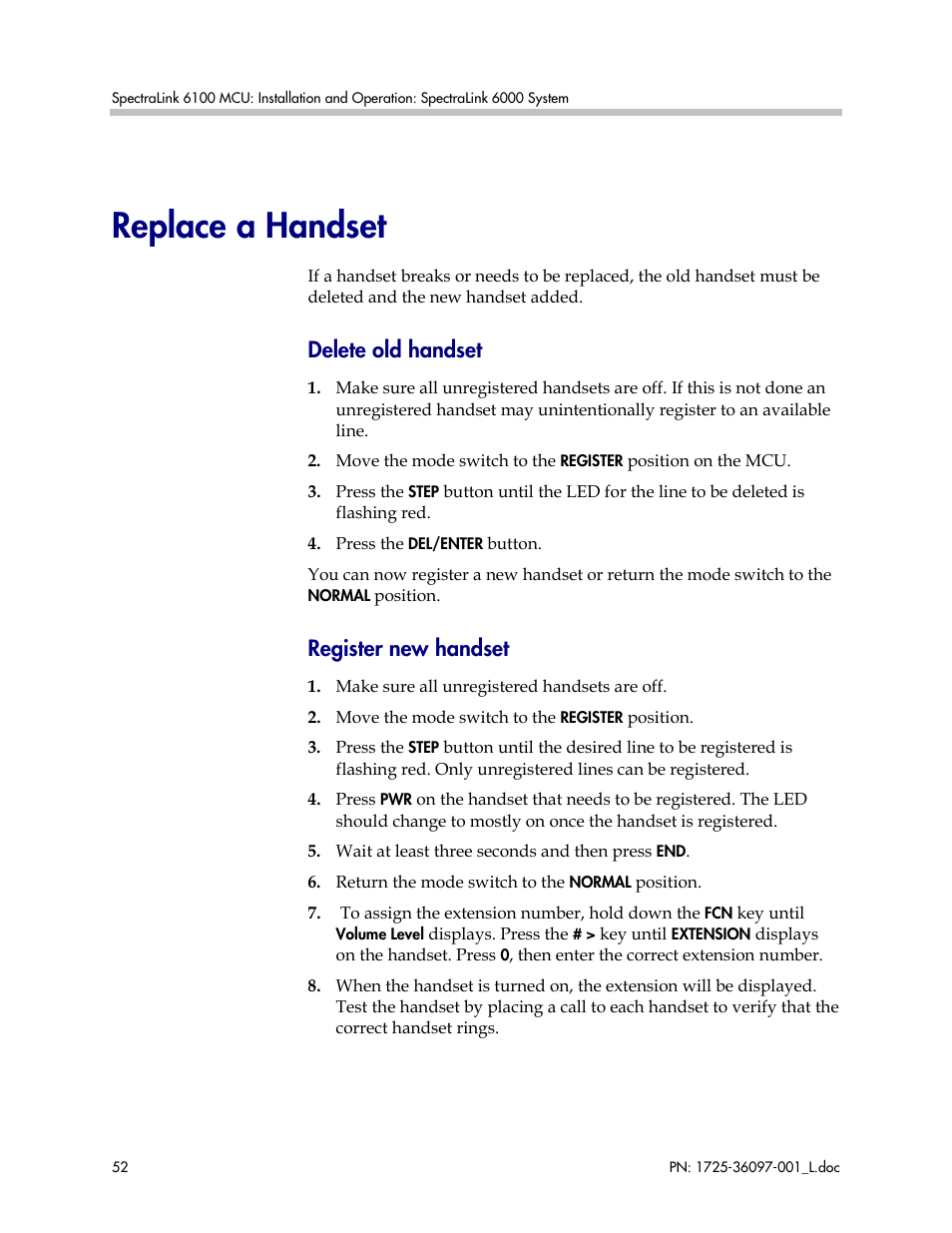 Replace a handset, Delete old handset, Register new handset | Polycom SpectraLink SCM408 User Manual | Page 52 / 64