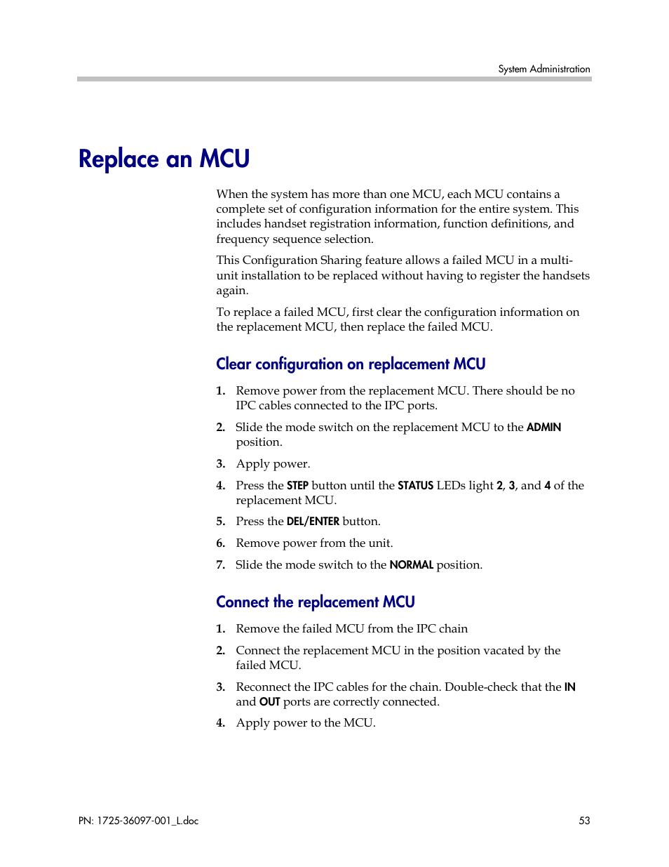 Replace an mcu, Clear configuration on replacement mcu, Connect the replacement mcu | Polycom SpectraLink SCM408 User Manual | Page 53 / 64